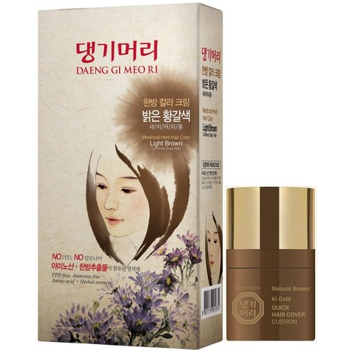 Daeng Gi Meo Ri – Korean Herbal Hair Dye Color Cream [Light Brown] - PPD-Free Gray Hair Protection, High-Keratin Formula, 5 Oz + Ki Gold Quick Hair Cover Cushion [Natural Brown] 8ml