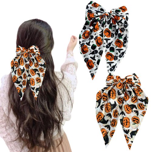 2Pcs Halloween Bow Hair Clips Spooky Bat Ghost Pumpkin Hair Ribbon Halloween Hair Bows Clip White Big Bows for Girls Halloween Hair Accessories Bowknot Hair Barrettes Halloween Party Favors Hair Decor
