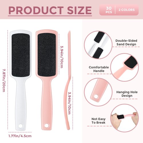 30 Pcs Foot File Dead Skin Foot Scrubber Remover Pedicure Double Sided Callus Heel Foot Scraper Professional Foot Exfoliator Feet Rasp for Smoothing Hard Rough Skin Kit, Pink, White, 7.87 x 1.77 Inch