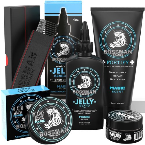 Bossman Complete Beard Kit - Men's Beard Oil Jelly, Fortify Shower Conditioner, Balm, Mustache Wax and Comb - Beard Softener, Growth, Care and Grooming Products Kit (Magic)