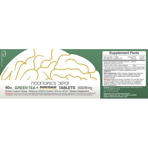 Nootropics Depot Green Tea Extract Tablets | 60 Count | 500mg | Minimum 45% EGCG + 6mg Piperine | Enteric Coated