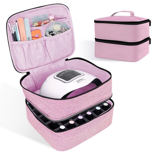 ALSLEA Nail Polish Organizer Double layer Nail Polish Case for Nail Dryer Lamp Holds 30 Bottles (15ml - 0.5 fl.oz) Portable Nail Storage Organizer for Nail Tech (Pink)