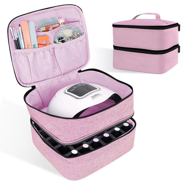 ALSLEA Nail Polish Organizer Double layer Nail Polish Case for Nail Dryer Lamp Holds 30 Bottles (15ml - 0.5 fl.oz) Portable Nail Storage Organizer for Nail Tech (Pink)