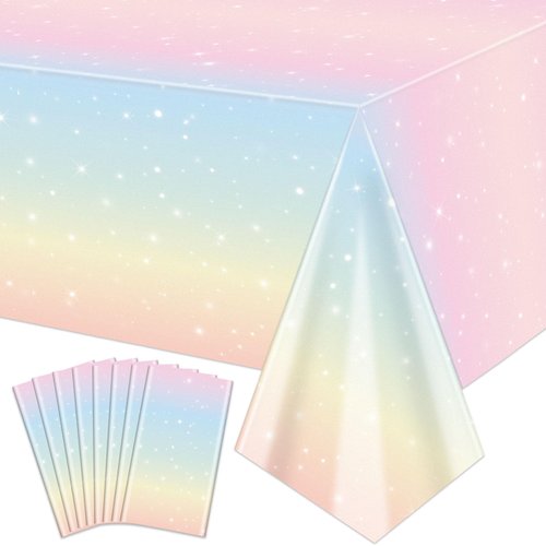 QUERICKY 8 Pack Pastel Rainbow Tablecloths, 51x87'' Plastic Disposable Rectangle Pastel Rainbow Table Cover for Girls Rainbow Birthday Party Decorations Baby Shower Party Supplies