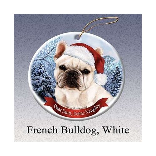 Holiday Pet Gifts French Bull (White) Santa Hat Dog Porcelain Christmas Ornament