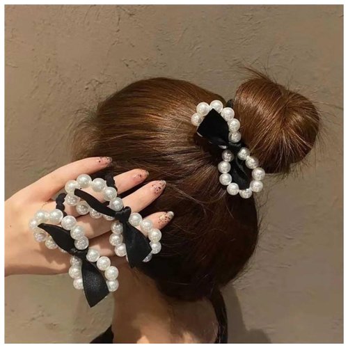 Vintage Pearl Bow Hair Tie Scrunchies Pearl Bow Ponytail Holder Hair Rope Black Satin Bow Hair Rope Tie Hair Bow Pearl Hair Rope Hand Black Ponytail Scrunchies Headdress Hair Jewelry for Women (Black)