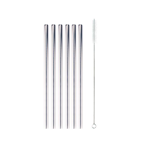 BambooMN Reusable Stainless Steel Metal Drinking Straws - 8.5" Thick Straight Straws w/ 1x Cleaning Brush - 6 Pack