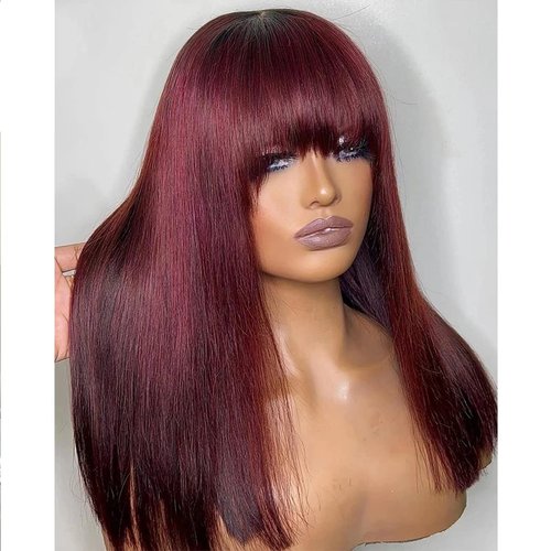 Burgundy Wig Human Hair Red Wigs with Bangs Brazilian Virgin Straight Wig with Bangs Full Machine Made None Lace Front Wigs For Black Women Glueless Wigs for Black Women Red Color 20 inch