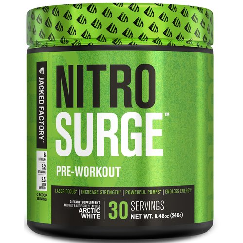 Jacked Factory NITROSURGE Pre Workout Supplement - Endless Energy, Instant Strength Gains, Clear Focus, Intense Pumps - NO Booster & Powerful Preworkout Energy Powder - 30 Servings, Arctic White