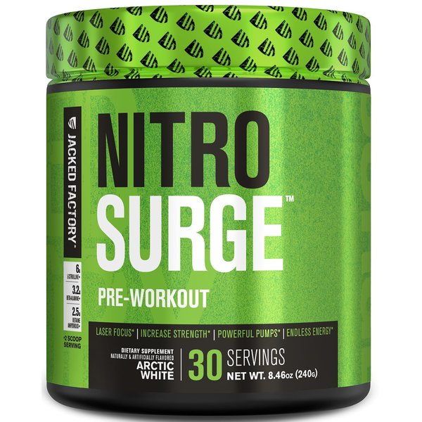 Jacked Factory NITROSURGE Pre Workout Supplement - Endless Energy, Instant Strength Gains, Clear Focus, Intense Pumps - NO Booster & Powerful Preworkout Energy Powder - 30 Servings, Arctic White