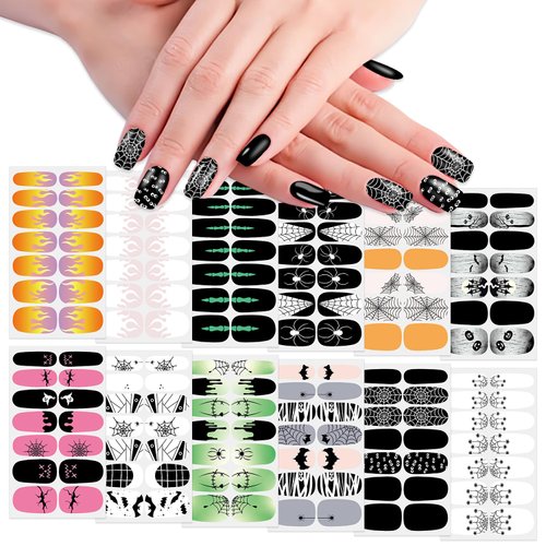 WOKOTO 12 Sheets Luminous Halloween Nail Polish Stickers 168pcs Halloween Nail Wraps Pumpkin Bat Ghost Spider Nail Designs Stickers Wraps Full Cover Nail Art Strips Decals for Halloween Party