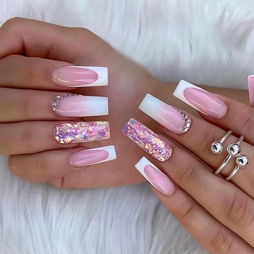 MUZOXEN French Tip Press on Nails Medium, Square Coffin Fake Nails with Rhinestones Designs, Glitter Colorful Acrylic False Nails Stick on Nails with Glue for Women -White Pink 24Pcs