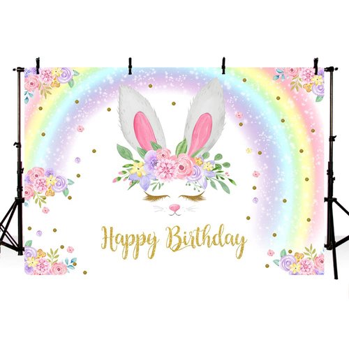 MEHOFOND 8x6ft Glitter Rainbow Bunny Girl Happy Birthday Party Decorations Backdrop Floral Gold Glitter Magical Rabbit Spring Easter Photography Background Photo Banner Poster for Cake Table Supplies