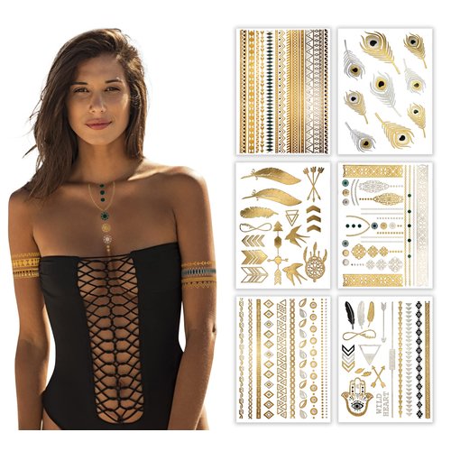 Terra Tattoos Gold Metallic Tattoo Flash Sheets Designs of Feathers, Arrows, Dream Catcher Face Tattoos for Women Waterproof Nontoxic Long Lasting 75+ Designs for Vacation, Festivals Parties - Gold