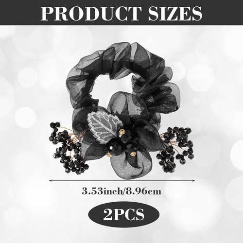 Nuorest 2PCS Mesh Flower Elastic Hair Ties, Leaf Embroidery Acrylic Rhinestone Hair Band, Black Ponytail Holders, Elegant Hair Scrunchies, Hair Accessories for Women, Girls for Parties, Daily Use