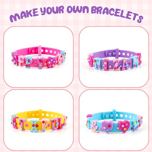 Adjustable Silicone Bracelets for Kids - Letter Rubber Bracelets Wristbands with Rhinestone Stickers & Accessories, Pretend Play Costume Accessories, Girls Boys Party Favors Decoration Birthday Gifts