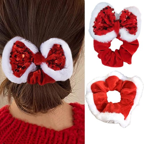 2PCS Christmas Bow Hair Ties Velvet Scrunchies Elastics Hair Band Ponytail Holder Xmas Red Sequin...