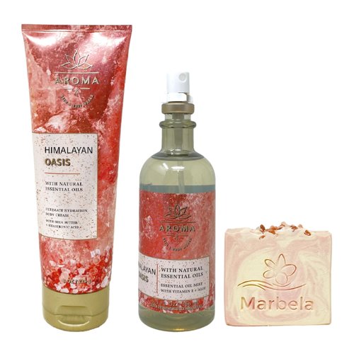 Bath & Body Works Aroma Himalayan Oasis Essential Oil Mist and Body Cream Set with a Himalayan Salts Springs Bar Soap - Full Size
