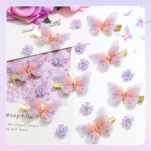VENOFEN 18PCS Butterfly Hair Clips Purple Mini Flower Clips for Girls Glitter Hair Butterfly with Crystal Rhinestones Cute Tiny Flower Hair Barrattes Y2K Hair Accessories for Women and Girls