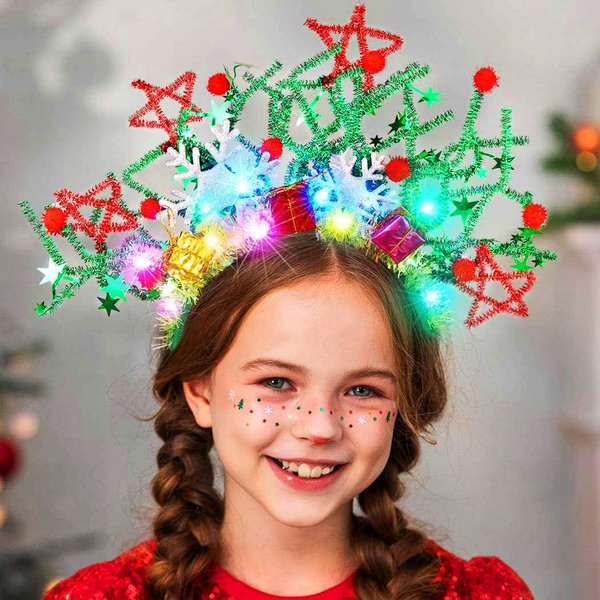 Catery Light up Christmas Headband Snowflake Headbands Led Xmas Star Hair Band Candy Cane Holiday Hairband Hair Accessories for Women