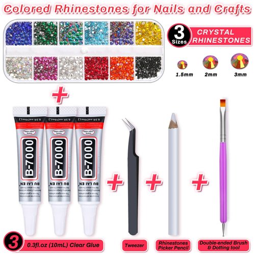 Rhinestones Adhesive Glue for Fabric, 2100Pcs 12 Color Craft Rhinestones Flatback with B7000 Glue Adhesive, Glass Gemstones with Tweezers for Craft, Jewelry, Makeup, Cloth Shoes and Nail Art