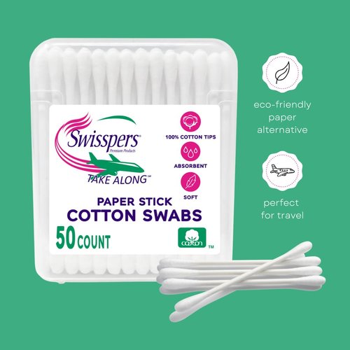 Swisspers Take Along Cotton Swabs, 100% Cotton Double-Tipped, White Paper Sticks, Travel Size, 6-Pack, 50 Swabs Per Packages (300 Swabs Total)