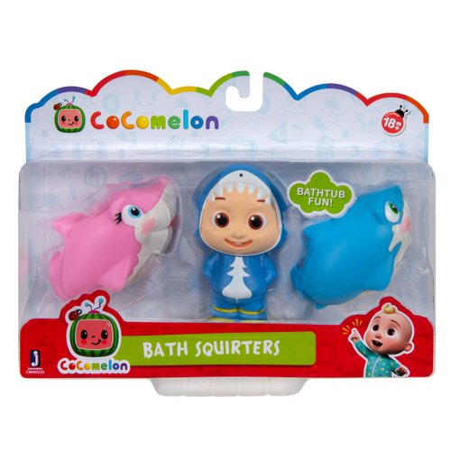 CoComelon Official Bath Squirters, Featuring JJ Character Toy (4” Tall) and 2 Sharks (4” Wide), Bath Time Fun Playset - Character Toys for Babies, Toddlers, and Kids