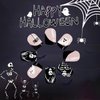 Halloween Short Square Press on Nails Skeleton Skull Acrylic False Nails Ghost Face Design Fake Nails Gel Glue on Nails Glossy Black Spider Full Cover Stick on French False Nails for Women Girls 24Pcs