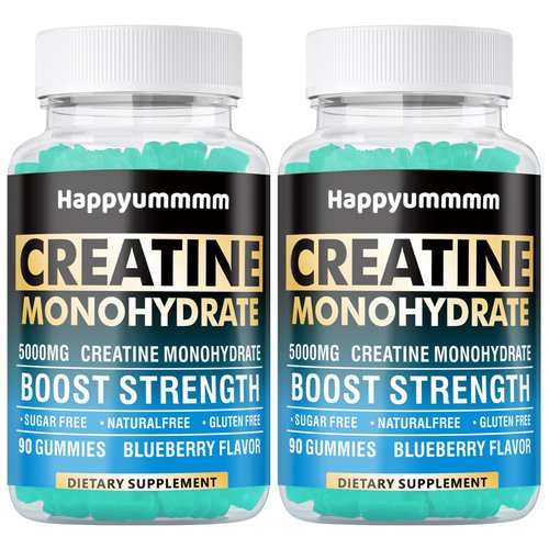 Happyummmm Creatine Monohydrate Gummies 5000mg for Men & Women, Chewables Creatine Monohydrate for Muscle Strength, Muscle Builder, Energy Boost, Pre-Workout Supplement(180 Count)-Blueberry 2pack
