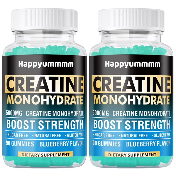 Happyummmm Creatine Monohydrate Gummies 5000mg for Men & Women, Chewables Creatine Monohydrate for Muscle Strength, Muscle Builder, Energy Boost, Pre-Workout Supplement(180 Count)-Blueberry 2pack