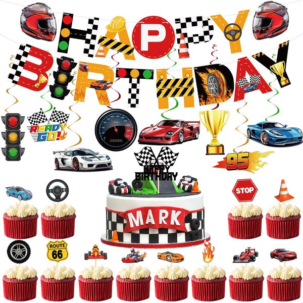 29 Pieces Racing Birthday Party Decoration - Racing Banner Logo Gas Station Checkered Flag Racing Theme Birthday Party Supplies Boy Kid Baby Gift Party Decoration