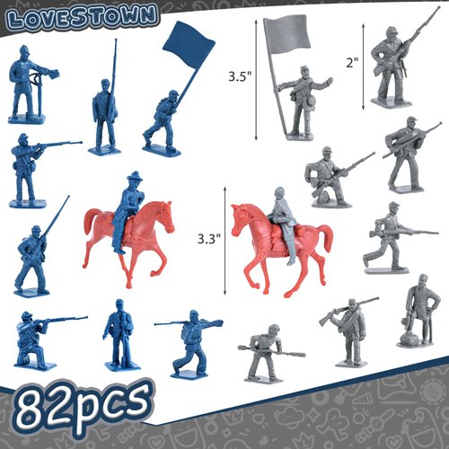 LovesTown 82PCS Civil War Solider Toys, 40 Blue and 40 Gray Uniform Action Figures Plastic Toy Soldier with Rideable Horses for Kids Birthday History Class