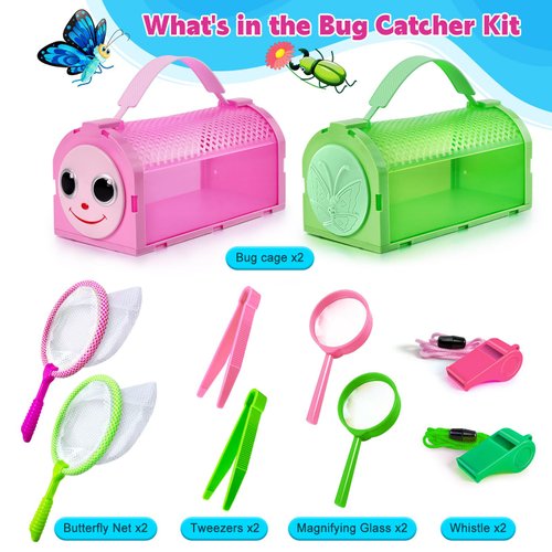 YOPINSAND Bug Catcher Kit for Kids, 10 Pcs Bug Collection Kit for Kids, Outdoor Explore Kit with 2 Pcs Bug Cage, Tweezers, Magnifying Glass, Nets and Whistles, Outdoor Toys Gift for Boys Girls 3-12