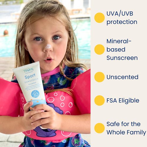 TruKid Sport SPF 30+ Sunscreen - UVA/UVB Protection, All Natural Ingredients, Water Resistant, Mineral Based & Unscented, Minimal Reapplication, Reef Safe, Planet-Friendly, Non-Nano, 3.4 oz