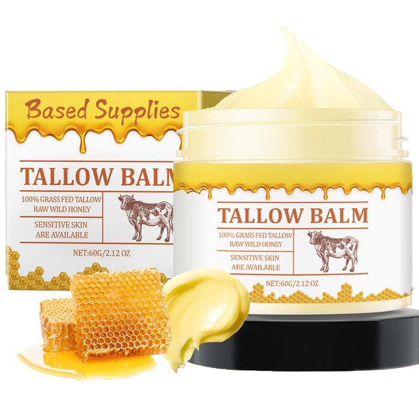 Based Supplies Tallow and Honey Balm, Based Supplies Tallow Balm, Premium Beef Tallow and Wild Honey, Balm for Skin Hydration