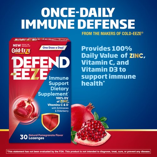 Defend-EEZE Immune Support Dietary Supplement Lozenges, 100% Daily Value of Zinc, Vitamins C & D per Dose, with Echinacea & Elderberry, Pomegranate Flavor, 30 Lozenges