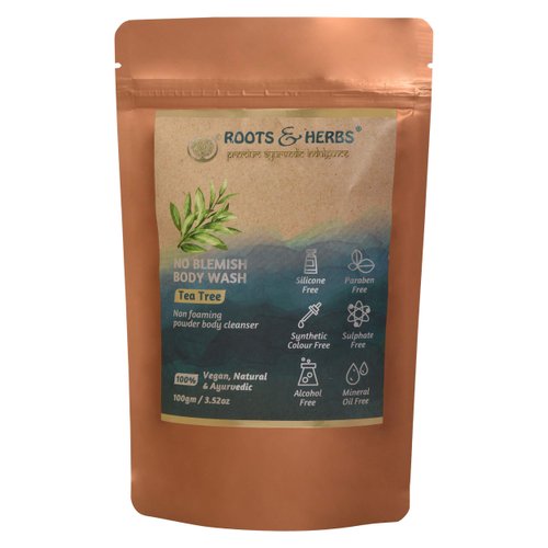 ROOTS AND HERBS Tea Tree Body Wash - Non foaming Shower Powder for Men & Women - Natural Antibacterial Cleanser for Acne treatment, Body Odor