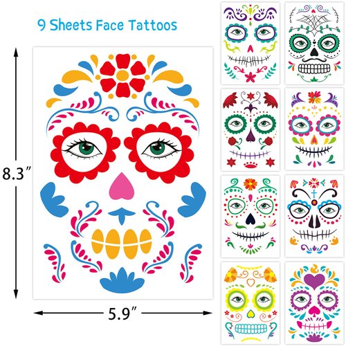 Day of The Dead Tattoos Halloween Temporary Face Tattoos Skeleton Floral Full Skull Face Mask Stickers Party Supplies