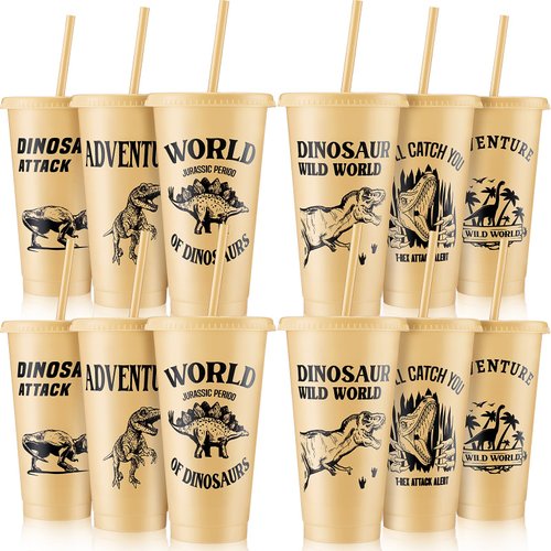 Mifoci 12 Pcs Dinosaur Party Favor Plastic Cup 24 oz Dinosaur Cup with Lids and Straws Set Kids Reusable Plastic Cups Dinosaur Cup Decorations for Beverage Birthday Party Dino Supplies (Khaki)