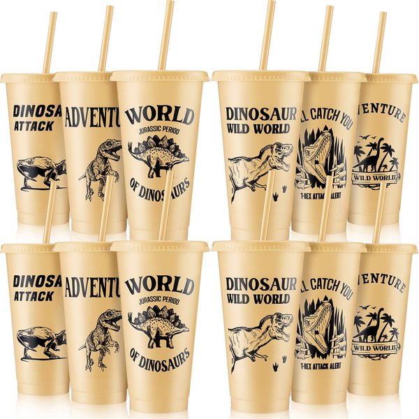Mifoci 12 Pcs Dinosaur Party Favor Plastic Cup 24 oz Dinosaur Cup with Lids and Straws Set Kids Reusable Plastic Cups Dinosaur Cup Decorations for Beverage Birthday Party Dino Supplies (Khaki)