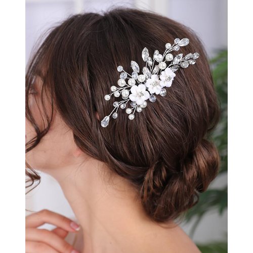 Rumtock White Flower Pearl Hair Comb Sparkle Crystal Hair Accessories for Wedding Brides Bridesmaid Flower Girls Side Hair Piece