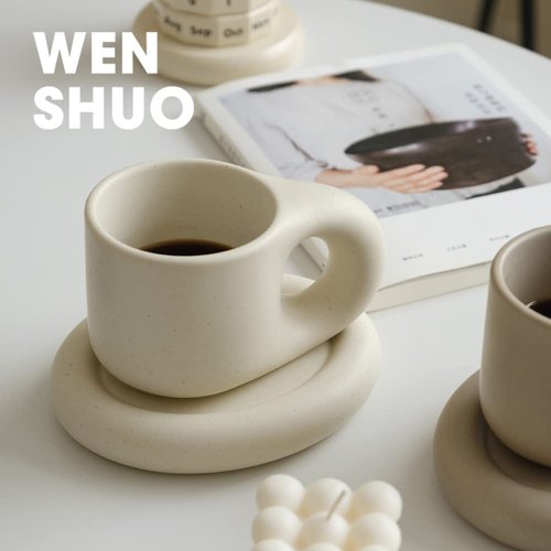 WENSHUO Chubby Funny Coffee Mug, Novelty Cute Cup and Saucer, Matte Crème, 9 oz (Matte Crème)
