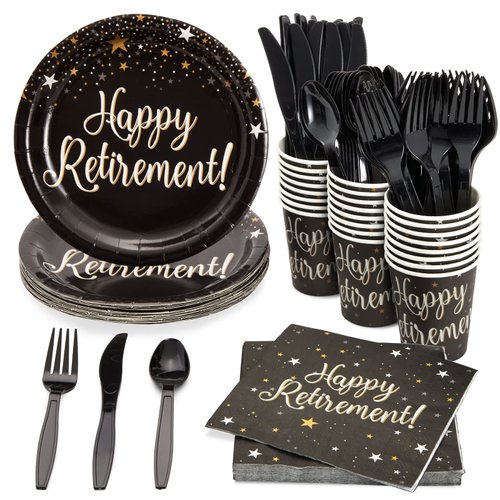 BLUE PANDA 144-Piece Happy Retirement Decorations & Party Supplies with Paper Plates, Napkins, Cups and Cutlery, Disposable Dinnerware Set for Farewell Celebration, For Men & Women (Serves 24 Guests)