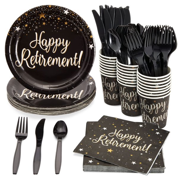 BLUE PANDA 144-Piece Happy Retirement Decorations & Party Supplies with Paper Plates, Napkins, Cups and Cutlery, Disposable Dinnerware Set for Farewell Celebration, For Men & Women (Serves 24 Guests)