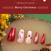 Christmas Press on Nails Coffin Medium Fake Nails With Snowflake Pearl Red Rhinestones Designs False Nails Red Glitter Full Cover Stick on Nails Acrylic Winter Xmas Artificial Nails for Women 24Pcs