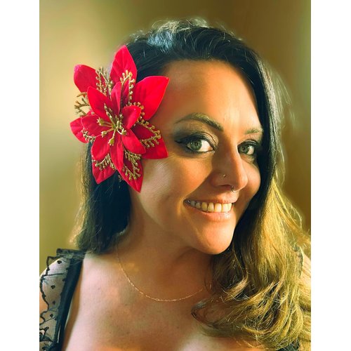 Holiday Red Poinsettia with Gold Glitter Hair Flower Clip and Brooch PIn