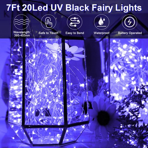 Smacen 12 Pack Black Light Fairy Lights Battery Operated UV Black String Lights Waterproof Silver Wire 7 Ft 20 Led Firefly Starry Moon Lights for DIY Glow Party Body Paint Halloween Décor