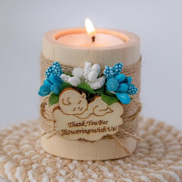 Pack of 10 Wood Candle Holders,Baby Shower Favors for Boys,Baby Shower Party Favors for Guests,Tealight Holder (Blue-Baby)