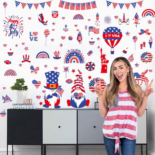 9Sheets119Pieces 4th of July Wall Stickers America Independence Day Flag Wall Decal Red White Blue Patriotic Wall Decals Window Stickers for Home Living Room Bedroom Party Supplies Office School Decor