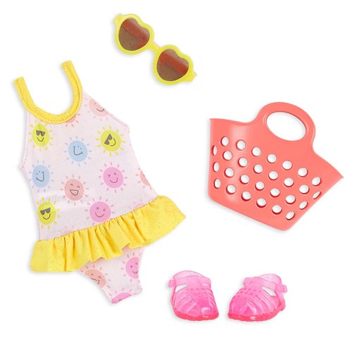 Glitter Girls – 14-inch Doll Clothes – 4Pcs Swimsuit Outfit – Sunny One-Piece & Beach Bag – Heart Sunglasses & Pink Sandals – 3 Years+ – Splish, Splash, and Sparkles
